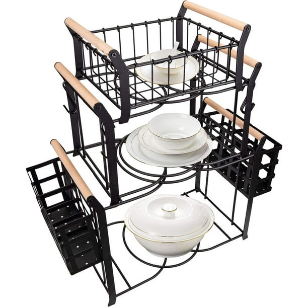 3 Tier Buffet Caddy, 10 Pieces Stackable Plate Napkin Silverware Holder  Utensils Organizer with 5 Mugs Hooks for Kitchen, Dining Table,  Entertaining, Party, Picnic, Black 