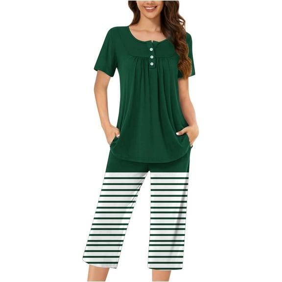 Nmnitkp Pajamas for Women Set Soft and Friendly Skin Women's Pajamas Set Solid Color with Stripes Short Sleeve Top With Capri Pants Pjs Lounge & Sleepwear Pajama Set with Pockets S-3XL