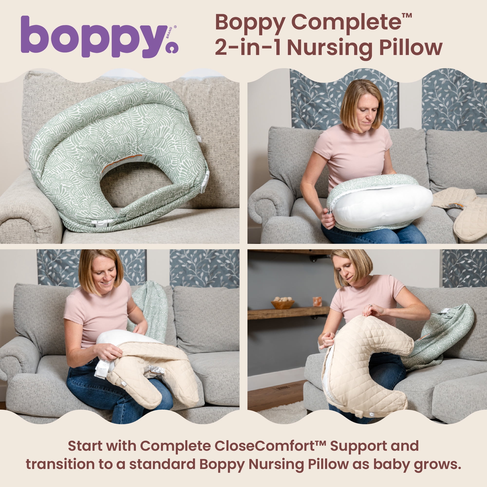 Boppy Complete Nursing Pillow – Ergonomic Bottle and Breastfeeding Pillow – 2-in-1 CloseComfort Design With Belt and Full-Length Positioning Bolster-Sage Green Vines