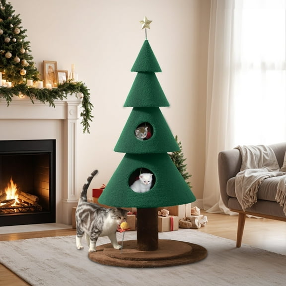 Dextrus 60in Large Christmas cat Tree, Indoor Cat Tower with 2 Condos & Flower Shaped Cat Teasing Stick ,Green