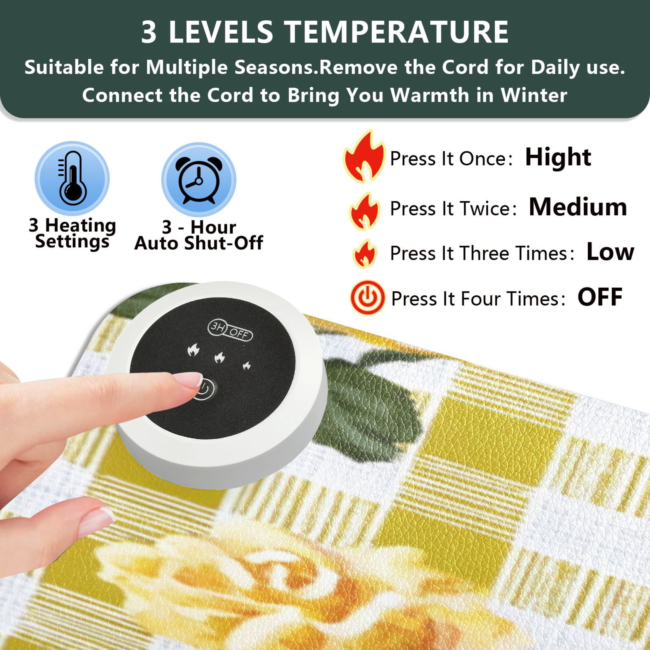 Large Heated Desk Mat Mouse Pad 31.5"x13"PU Leather Graphene Heating Desk Warmer with 3 Temperature Settings 110V US Plug Non-Slip Warm Pad for Home, Office, and Gaming Gingham Pattern Yellow Roses