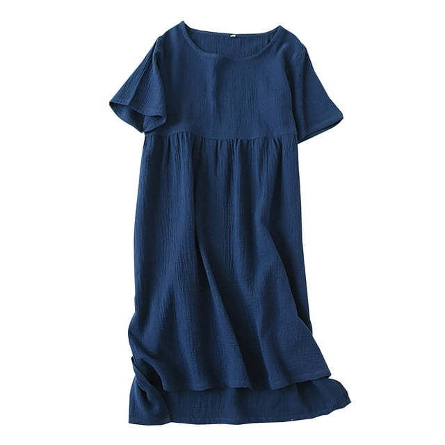 Camisas de Vestido de Mujer Color Sólido Casual Casa Crepe Doble Capa de Algodón Vestido de Longitud Media, Cuello Redondo Manga Corta para el Uso Diario Cómodo