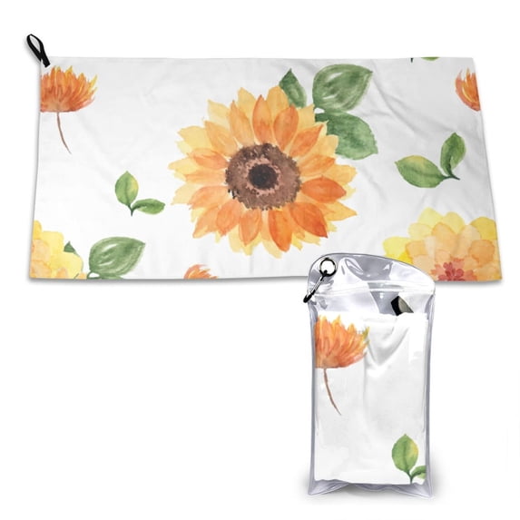YFYANG Adult Microfiber Portable Travel Towel, Watercolor Sunflower Flower Quick Dry Towel with Hiking Buckle PVC Pouch, 16" x 31.5"