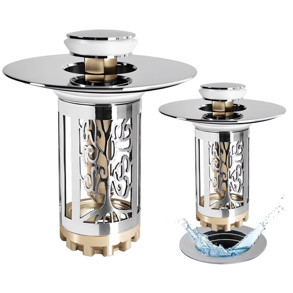AWzzz 2Pcs Bathroom Sink Stopper,Pop up Bathroom Sink Drain Strainer with Removable Hair Catcher Copper Basket,Universal for 1.06-1.6in Drain,Silver