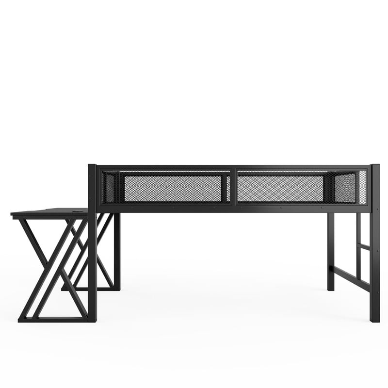 Twin XL Gaming Loft Bed with Computer Desk of X-Shaped Legs, Metal Bed Frame with LED Lights, Charge Station & Mesh Guardrail