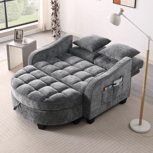 2-Seater Sofa Modern Chaise Lounge with Storage Footrest, Irregular Curved Armrests, Plush Checkered Cushions, 2 Throw Pillows, Grey