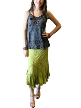 Mogul Women's Green Rayon Embroidered Boho Chic Gypsy Skirts