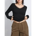 thumbnail image 4 of Biezeib Women Long Sleeve Knit T-Shirts Solid Color Lace Trim V-Neck Shirts Spring Fall Casual Slim Fit Tops Streetwear, 4 of 6