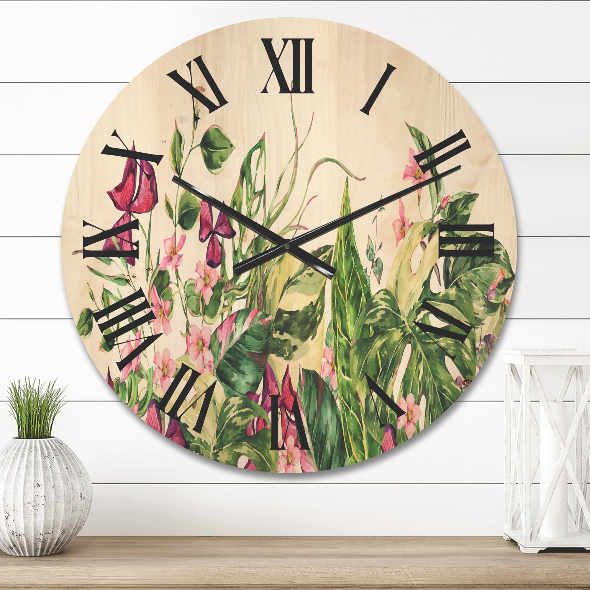 Designart 'Ancient Floral Tropical Leaves I' Tropical Wood Wall Clock