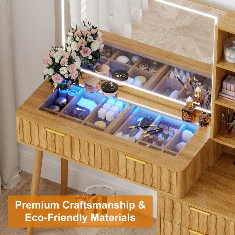 48" Fluted Makeup Vanity Table with 36" LED Mirror & 3 Color Lights Elegant Fluted Vanity Desk with 5 Storage Drawers Open Shelfs Dressing Table with Charging Station & Hair Dryer Rack for Bedroom