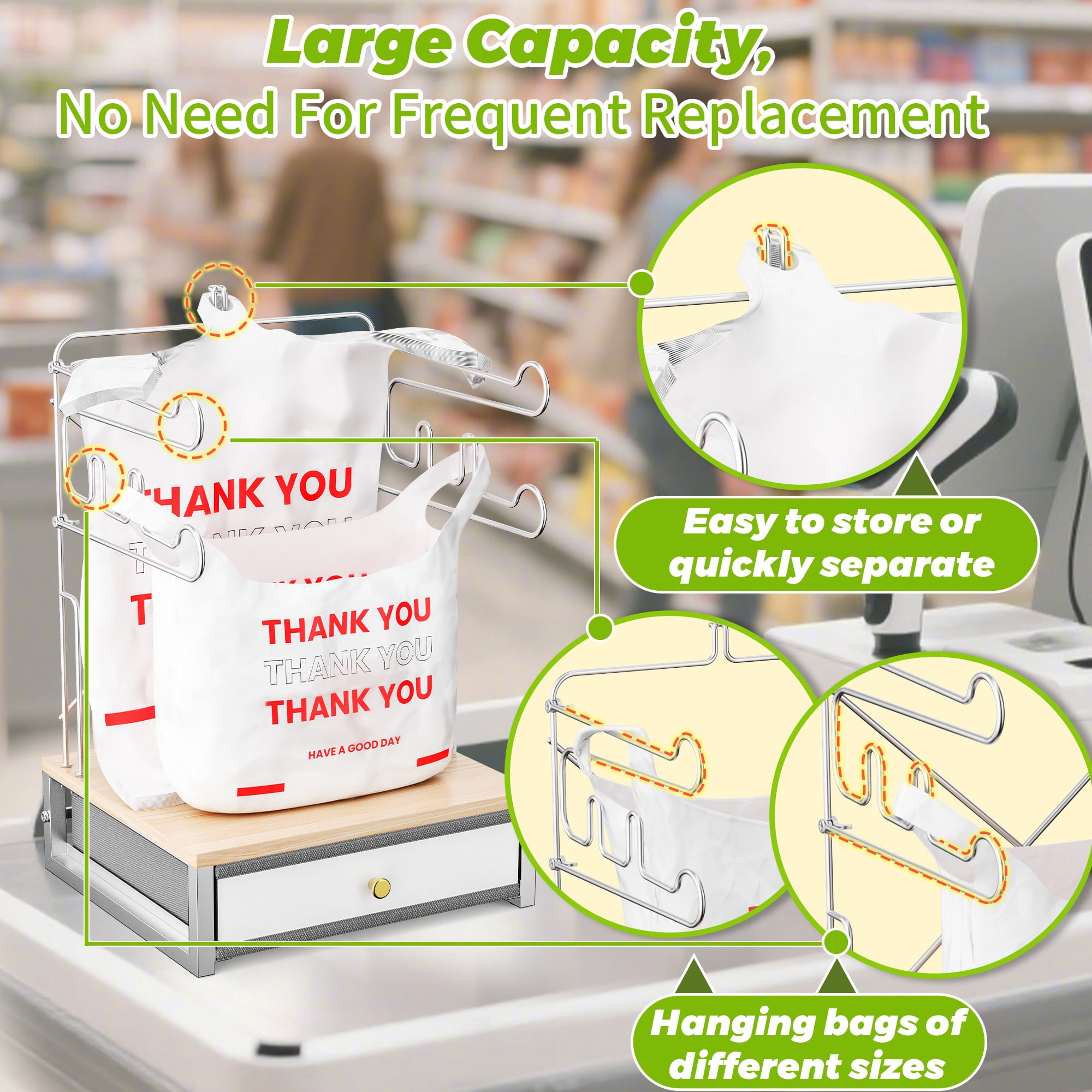 Plastic Bag Organizer with Drawer, Metal Grocery Bag Holder, ATSKIM Detachable Trash Bags Holder Dispenser Storage for T-Shirt, Shopping Bags, for Groceries Store, Supermarket (White)