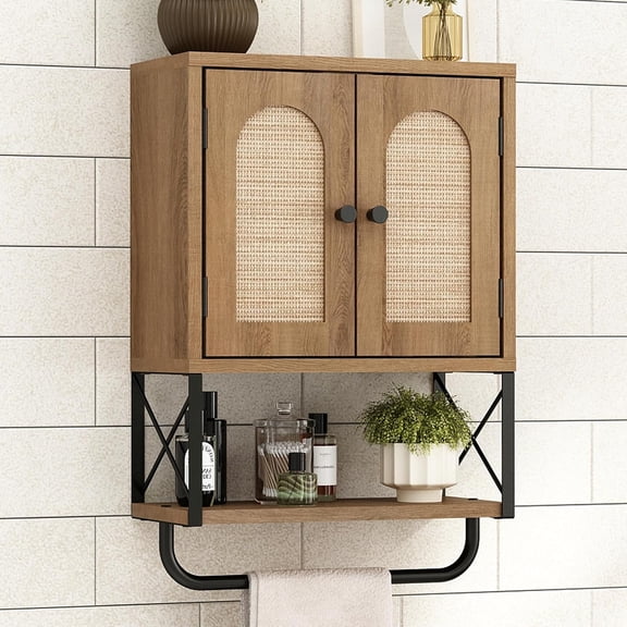 Rattan Bathroom Wall Cabinet, Boho Over The Toilet Storage Cabinet with Arched Rattan Doors, Modern Medicine Cabinet with Adjustable Shelves & Towel Bar, Bathroom Organizer(Rustic Oak, Small)，Bathroo