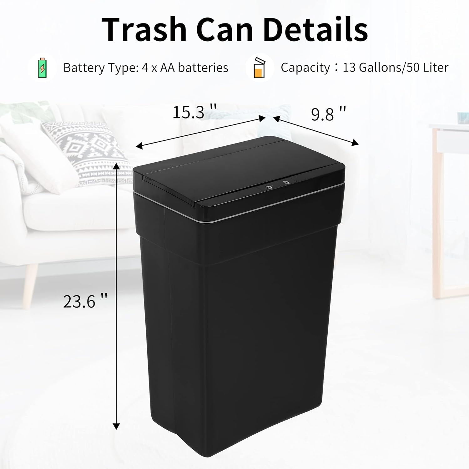 BIQWBIC 13 Gallon Plastic Automatic Trash Can,Motion Sensor Kitchen Trash Can for Kitchen, Bathroom, Office, Black