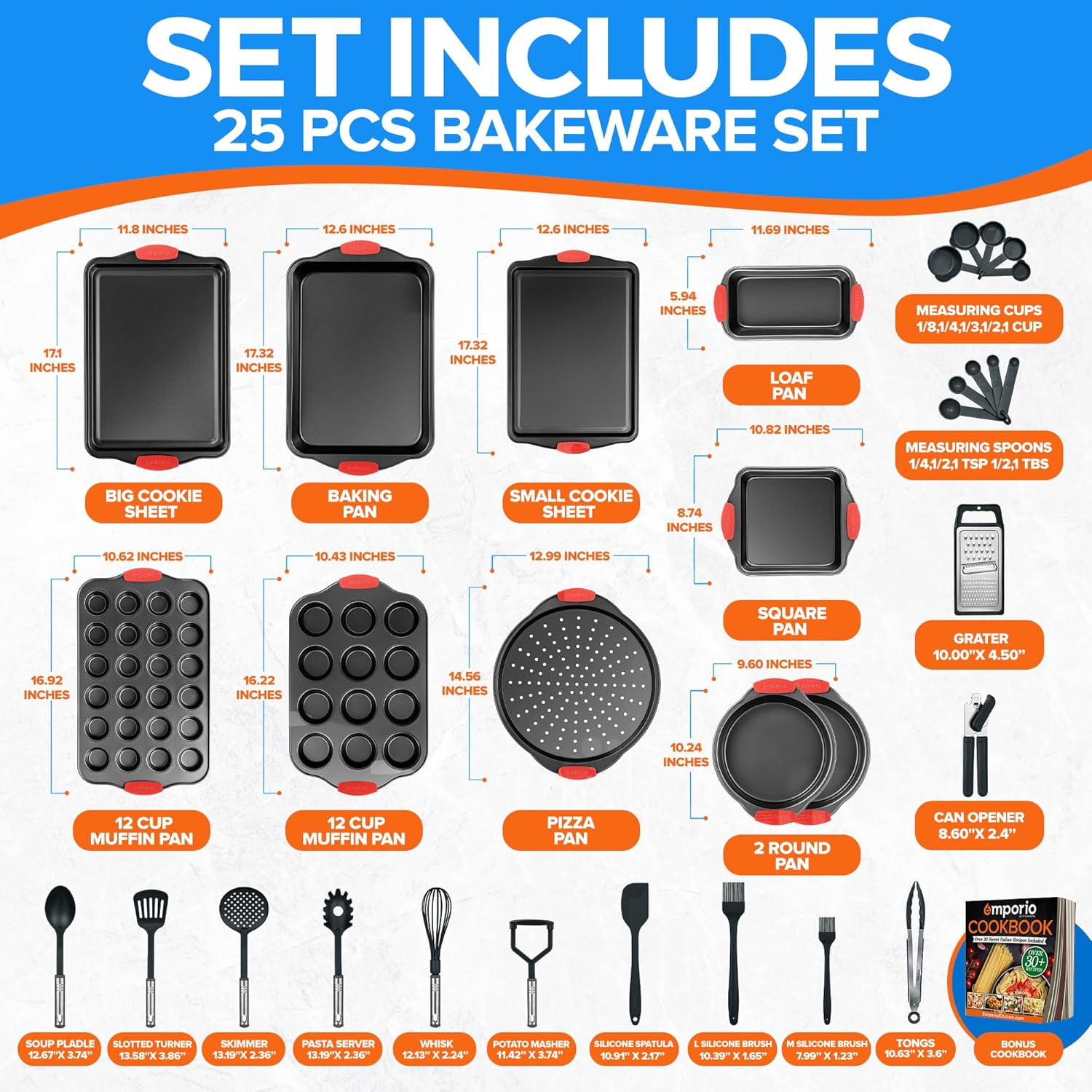 Baking Pan Set - Nonstick Coating, Carbon Steel Bakeware Set with Red Silicone Handles, Recipe Booklet Included, Oven Safe Tray (Up to 450° F), Set of 25 - Black