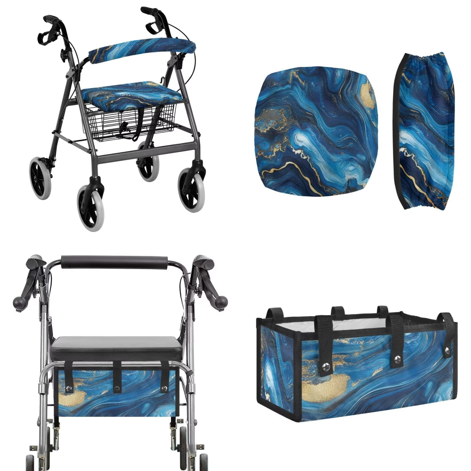 TSOVTHRID Blue Golden Marble Print Rollator Seat and Back Rest Covers Set of 3, Washable Walker Storage Bags Elastic Rollator Seat Cushion Covers and Backrest Cover