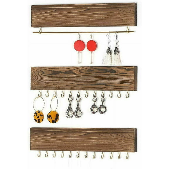 Set of 3 Wall Mounted Rustic Wood Jewelry Organizer