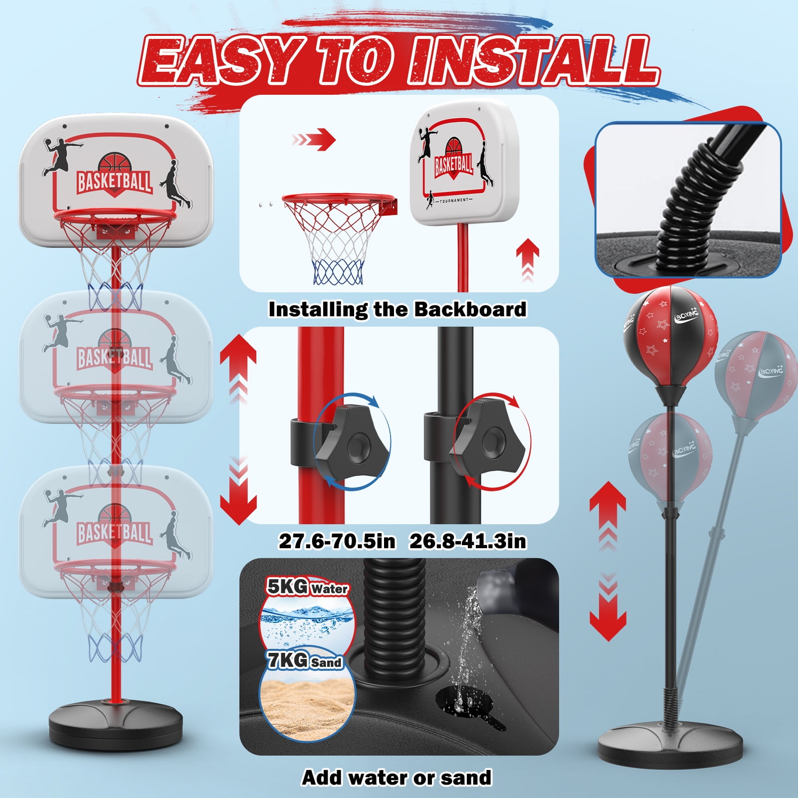 JoyStone 2 in 1 Kids Basketball Hoop and Punching Bag, Adjustable Stand with Boxing Gloves & 2 Balls, Toddler Basketball Hoop and Boxing Bag Set Toy for Outdoor Indoor Sports Games