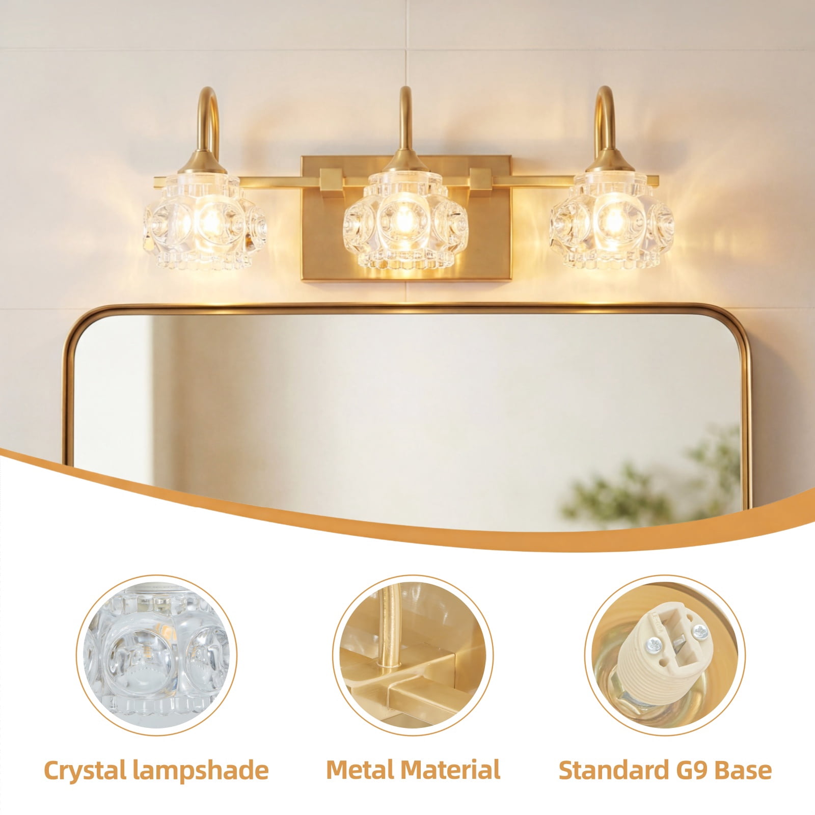 17" Modern 3-Light Crystal Bathroom Vanity Light, Gold Wall Sconce with Clear Glass Shades, Elegant Bathroom Lighting Fixtures Over Mirror, for Vanity or Powder Room (Bulbs Not Included)