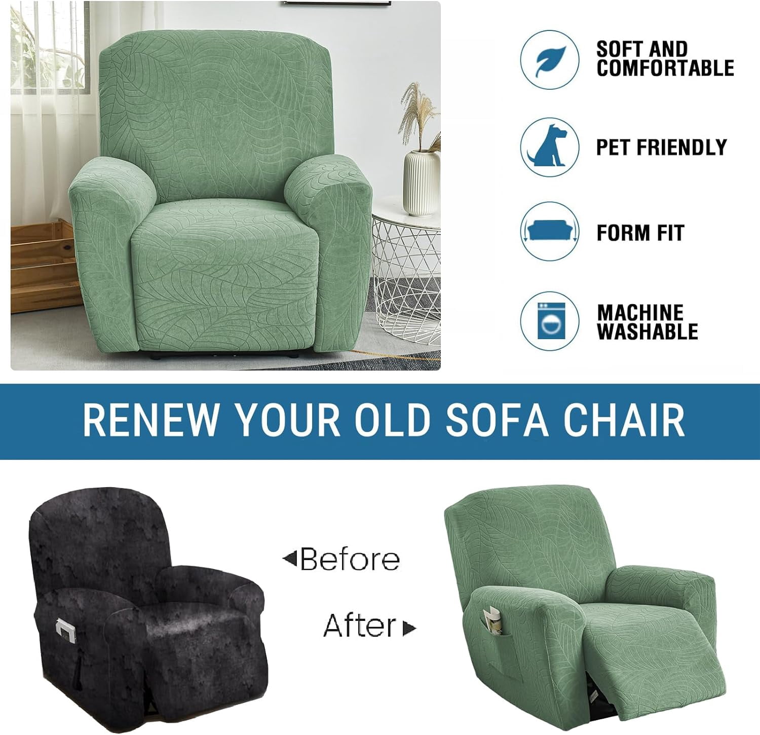 CHUNTIAN Stretch Recliner Slipcovers Printed Sofa Cover 4-Piece Fallon Collection Slipcover Lazy Boy Chair Covers Furniture Protector Recliner Chair Cover with Storage Pocket for Living Room, A2