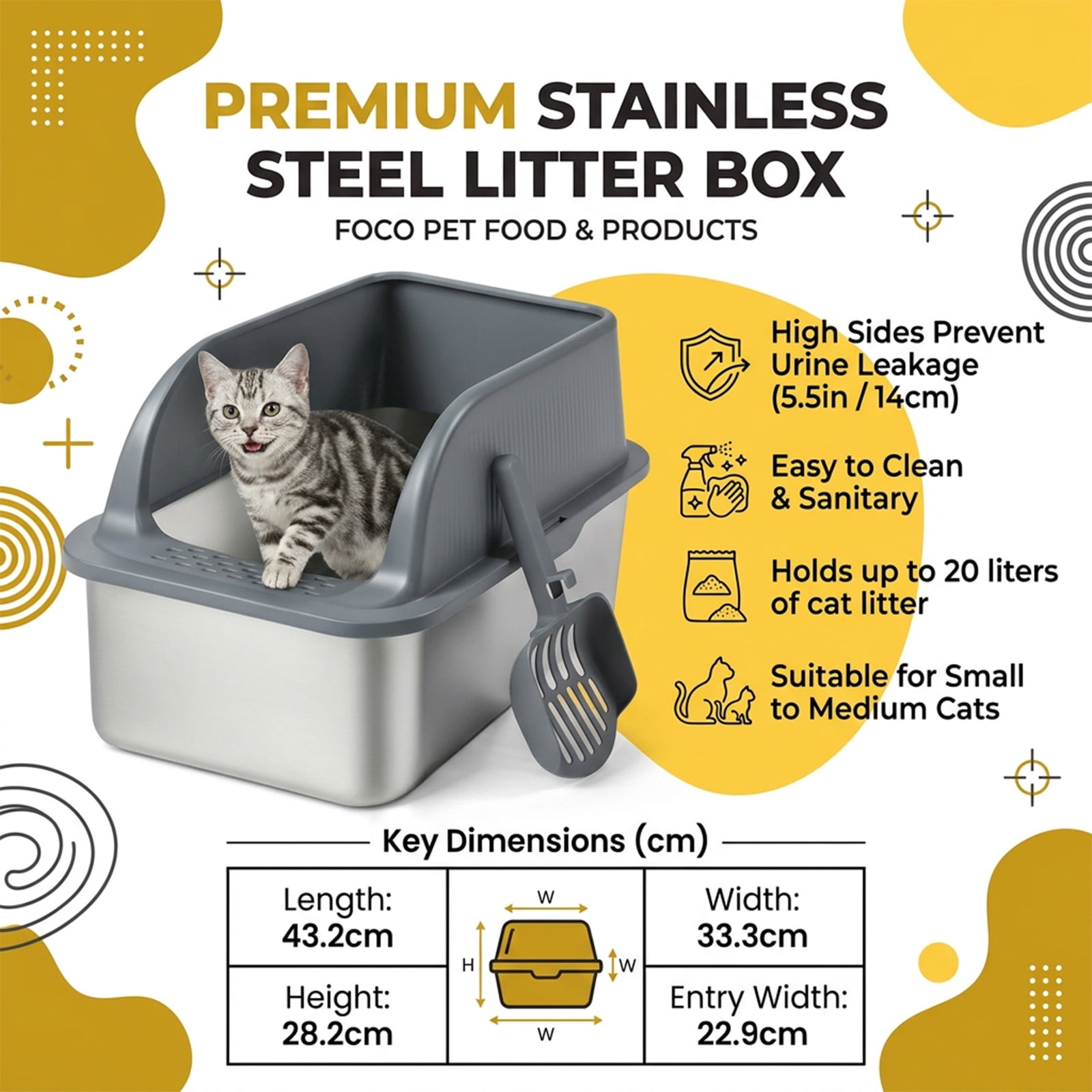 Grey Stainless Steel Cat Litter Box with High Rim Lid, Leak-Proof Indoor Cat Toilet for Small to Medium Cats, Durable Spacious Design with Litter Scoop, Non-Stick Easy Clean Odor & Scratch Resistant