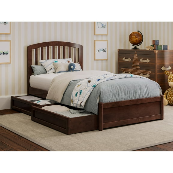 Lucia Twin Platform Bed with Panel Footboard & 2 Storage Drawers in Walnut