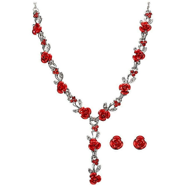 Here's an elegant and professional product description for your **Elegant Red Rose Pendant Necklace and Earrings Set**:\n\n \n\n**Elegant Red Rose