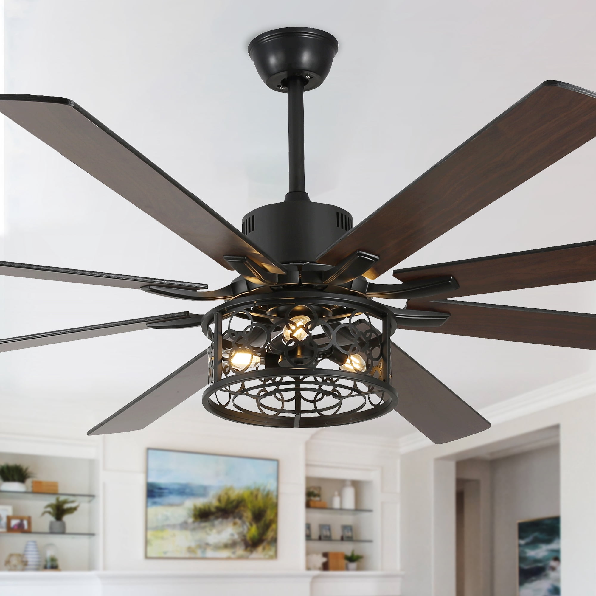 Bella Depot 72" Ceiling Fan 6-speed Farmhouse Metal Cage 3-Light Chandelier with Remote