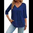 thumbnail image 3 of Camiseta de Verano con Cuello en V, 3/4, Estilo Retro, y con Bordado de Patchwork de Encaje Vintage para Mujer. Azul L, 3 of 10