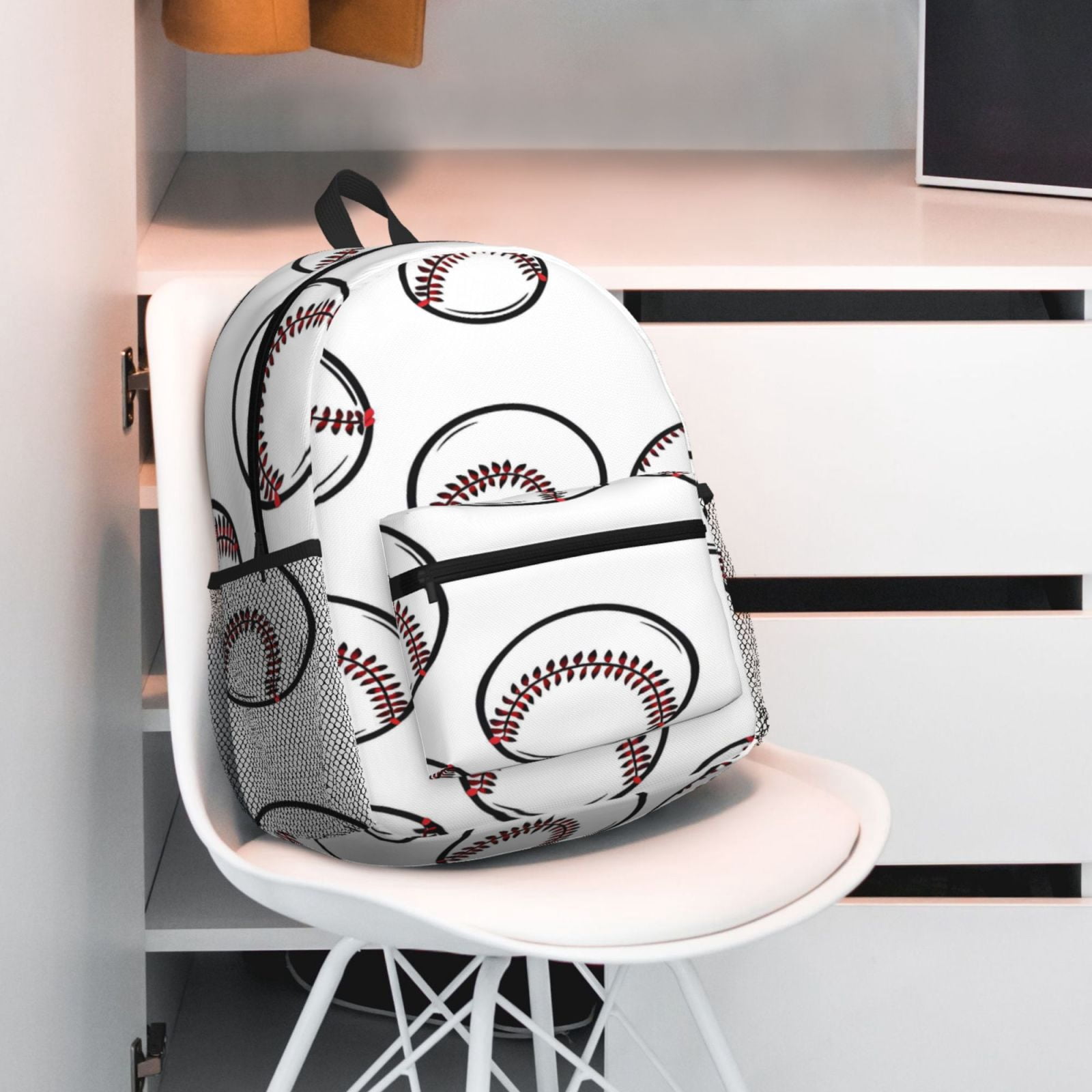 Casual Backpack Water Resistant Lightweight Daypack For Work Travel Hiking Camping Laptop Compartment & Side Mesh Pockets White Baseballs With Classic Red Stitching