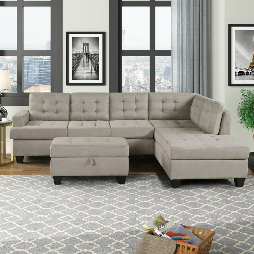 Modern 3-Piece Sectional Sofa with Chaise Lounge and Storage Ottoman, L