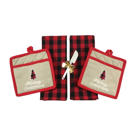 Merry Christmas Holiday Kitchen Gift Set: Two Red Black Check Hand Dish Towels, Two Matching Pot Holders with Check Christmas Tree