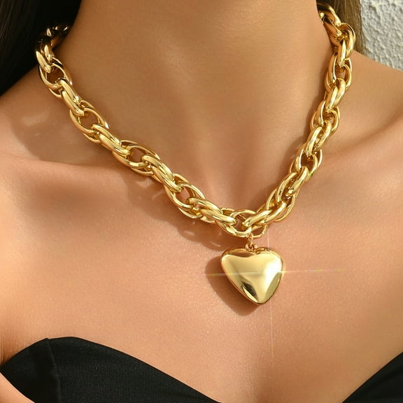 Trendy Chunky Chain Heart 14K Yellow Gold Pendant Choker Necklace Bold Statement Fashion Jewelry For Women Party Daily Wear