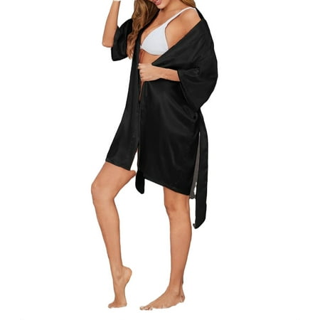 

Elegant Open Front Belted 3/4 Length Sleeve Sleepwear Black Women s Robes