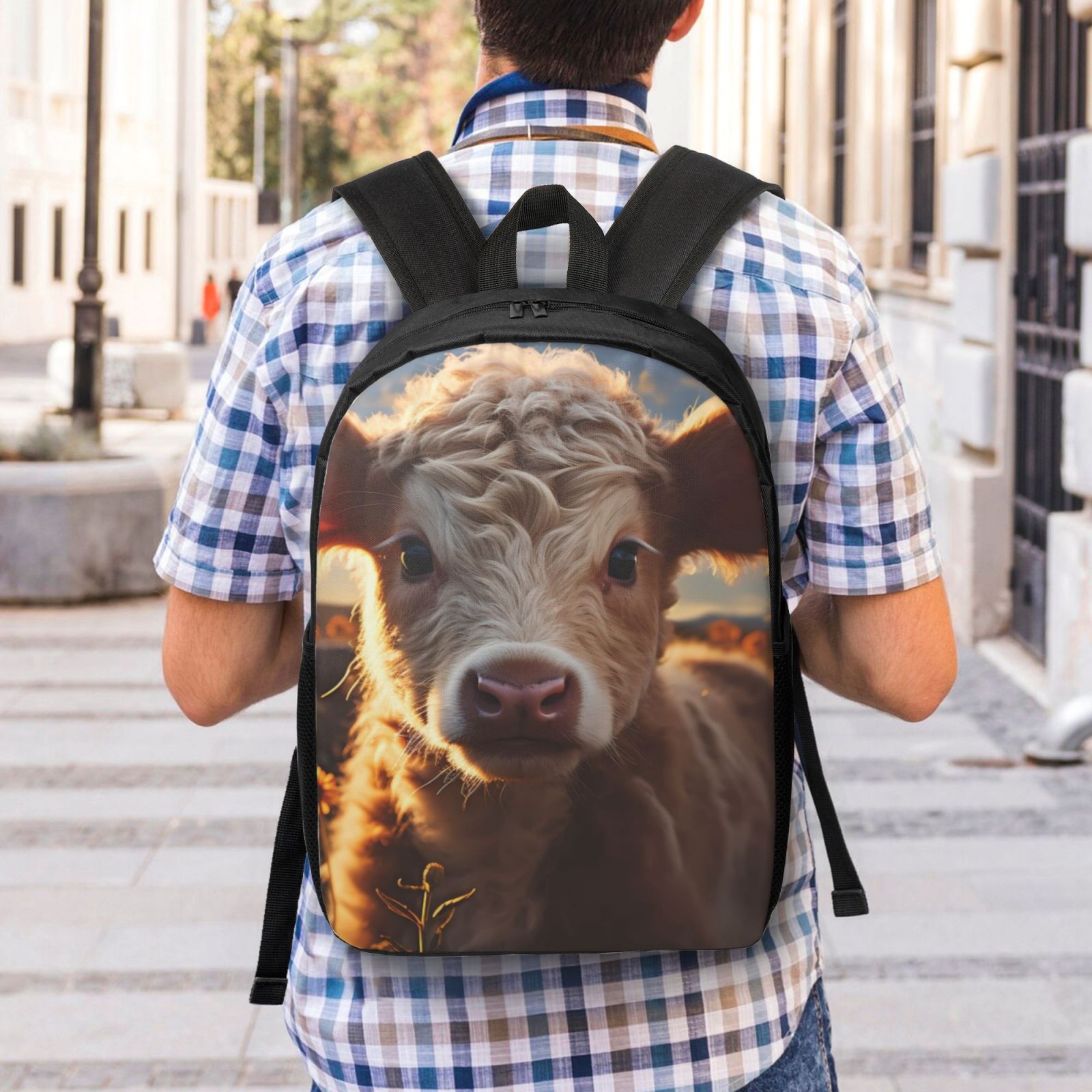 Xecao Sunset Sunflower Small Cow print Travel Backpack, Large Computer Backpack for Men Women, College School Rucksack Book Bag