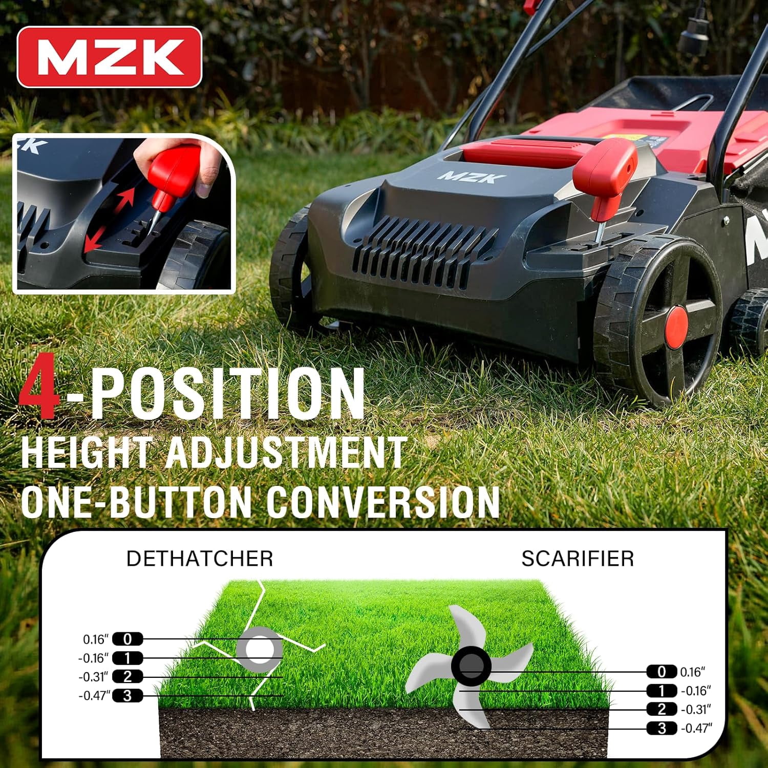MZK 13-inch 13-Amp 2-in-1 Electric Dethatcher and Scarifier w/Removeable 4-Position Height Adjustment,Lawn dethatcher w/8-Gallon Thatch Collection Bag,Keep Lawn Health DS13A02