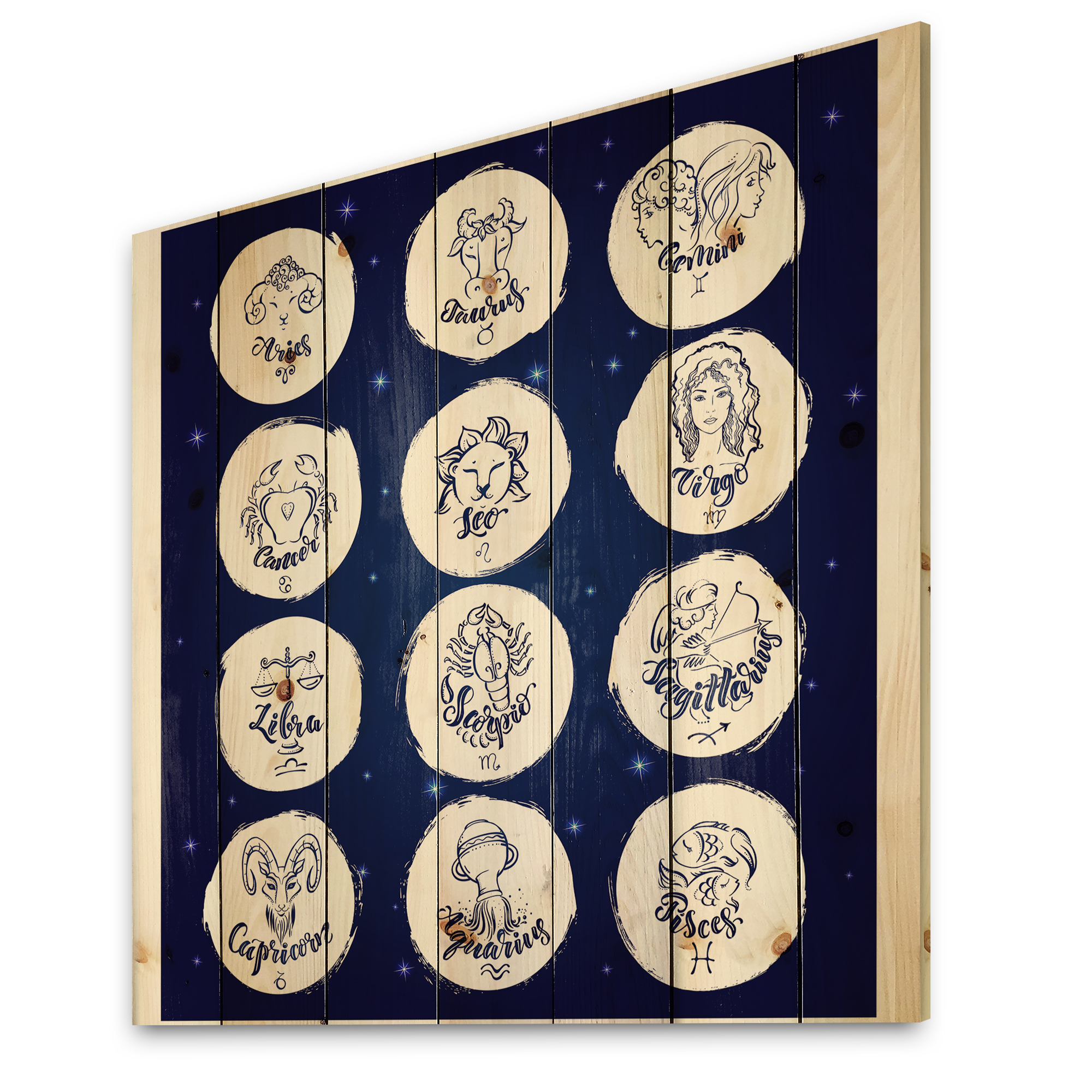 Designart 'Zodiac Diagram & Signs On Blue' Modern Print on Natural Pine Wood