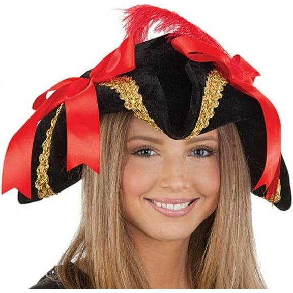 PMU Black Velvet Ladies Pirate Hat with Gold Trim, Red Bows and Feather Pkg/3