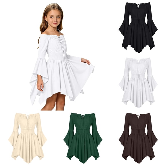 Kureaily Girls Off Shoulder Bell Sleeve Dress Smocked Waist Handkerchief Hem Boho Dress (Beige)