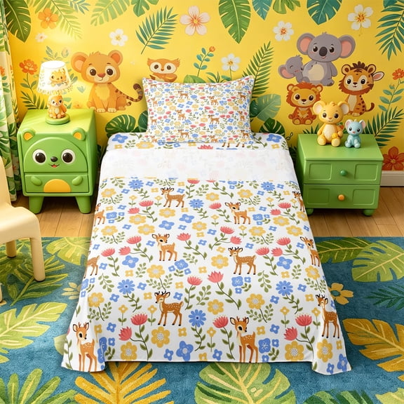 Castle Fairy Cartoon Flowers Deer Twin Sheets 3pcs,Colorful Floral Animal Bedding,Cream Pink Blue,1 Fitted Sheet, 1 Flat Sheet and 1 Pillowcase