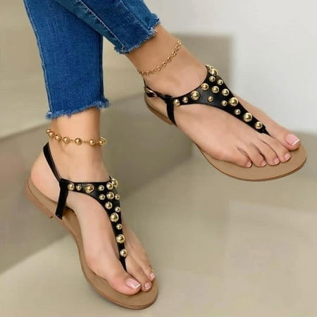 

NECHOLOGY T Strap Sandals for Women Buckle Summer Beach Casual Rhinestone Sandals Shoes Sunflower Sandals for Women Black 8
