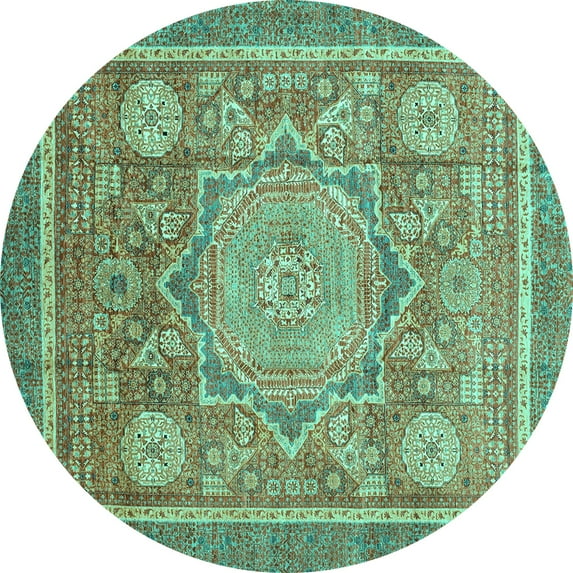 Ahgly Company Machine Washable Indoor Round Abstract Turquoise Blue Modern Area Rugs, 5' Round