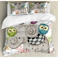 thumbnail image 1 of Cartoon Queen Size Duvet Cover Set, Cartoon Elephant and Owls Floral Background Animal Love Big Eyes Boys and Girls, Decorative 3 Piece Bedding Set with 2 Pillow Shams, Multicolor, by Ambesonne, 1 of 3