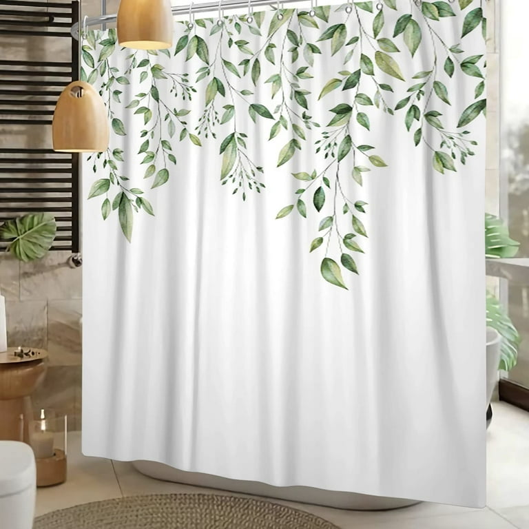 Green Leaves Shower Curtain Spring Botanical Plant Leaf Shower Curtain  Waterproof Modern Fabric Bathroom Curtains Decor With 12 Hooks 