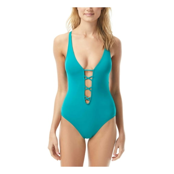 VINCE CAMUTO Women's Teal Stretch Plunging Strappy Adjustable Deep V Neck Moderate Coverage One Piece Swimsuit 4