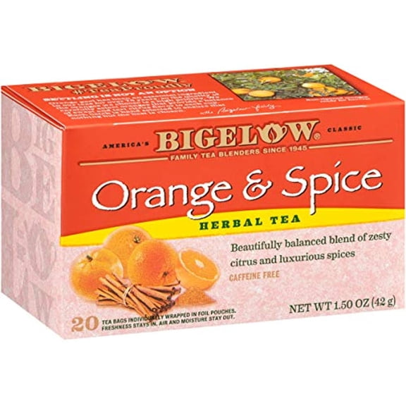 Bigelow Orange & Spice Herbal Tea Bags, 20 Count Box (Pack Of 6) Caffeine Free Herbal Tea, 120 Tea Bags Total