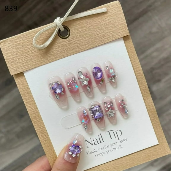 10Pcs Handmade Press on Nails Long Ballet Blue Fake Nails with 3D Ocean Moon Rhinestone Design False Nails Full Cover Nail Tips