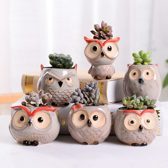 Succulent Plant Pot - Owl Pot Ceramic Flowing Glaze Base Cactus Plant Pot Flower Pot Container Planter with Drainage Hole Home Office Desk Garden Gift