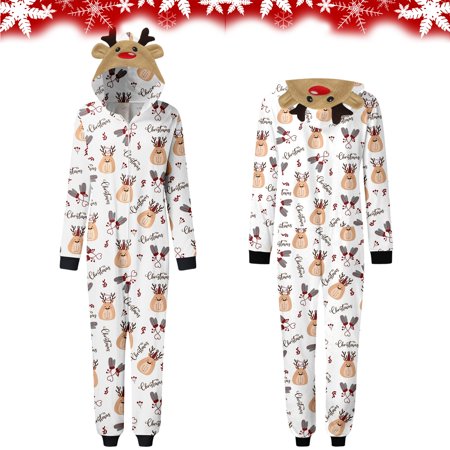 

Christmas Pajamas For Family Women Mom Merry Khaki Prints Hooded Zipper Jumpsuit Outfit Matching Christmas Pjs For Family