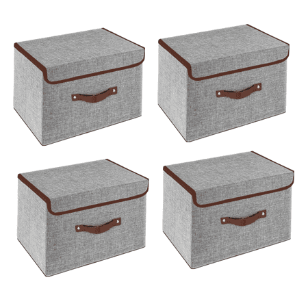 Topboutique Foldable Storage Bins Cubes Boxes with Lid - Storage Box Cube Cubby Basket Closet Organizer Pack of 4 with Leather Handles linen storage box for Closet Bedroom 6.3 x7.9 x10.3 Gray