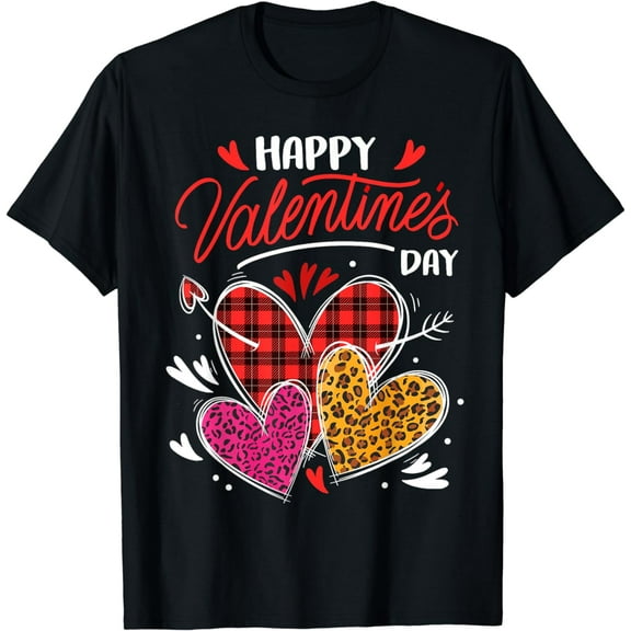 Happy Valentine's Day Three Leopard And Plaid Hearts Girls T-Shirt